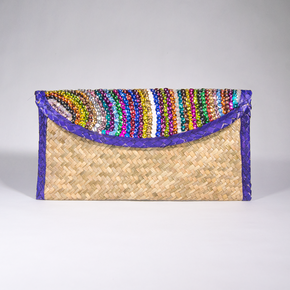 Eco-friendly Clutch Bag with Sequin Stripes, Purple Trim