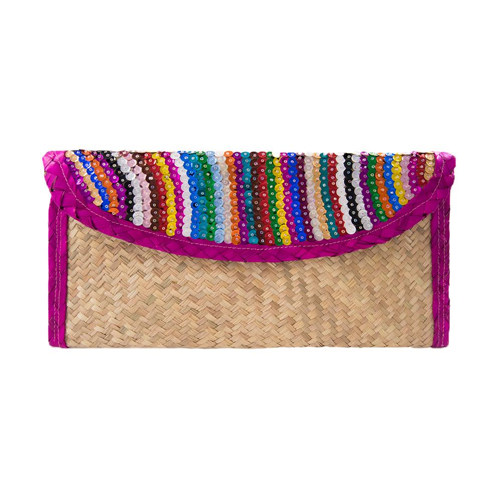 Straw Clutch Bag with Sequin Stripes, Pink Trim